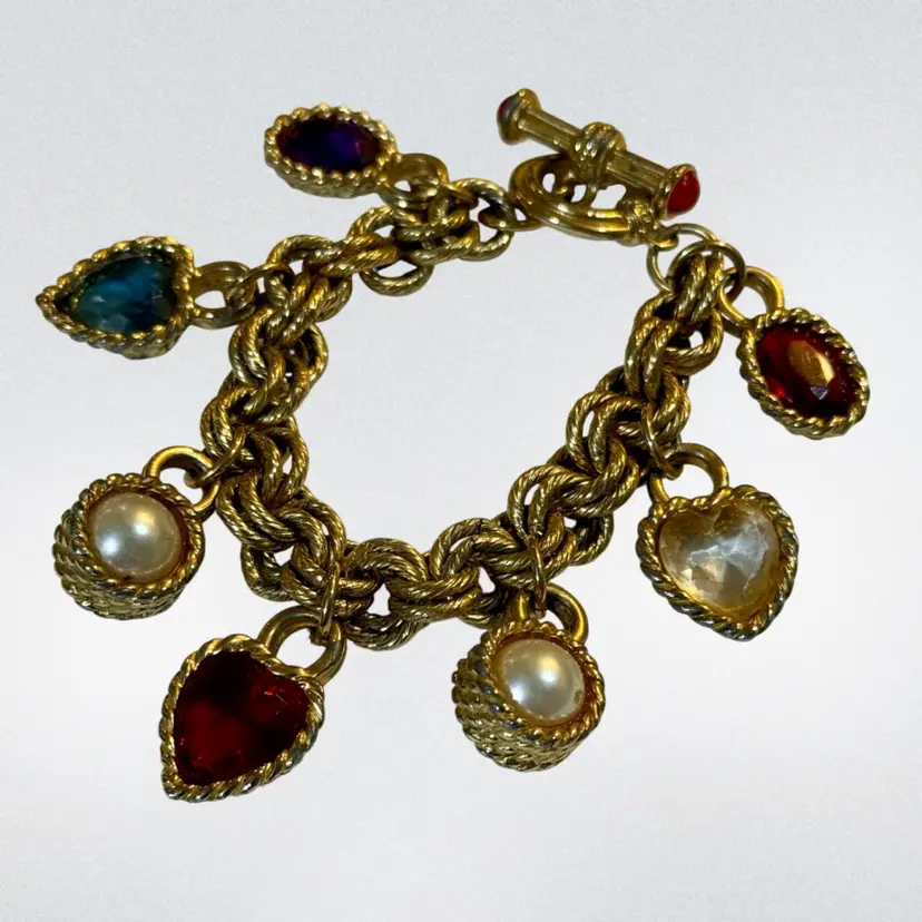 Vintage **STATEMENT BRACELET** Givenchy Etruscan Style Gold Plated Toggle Chunky Charm Gripoix Bracelet (1980s)