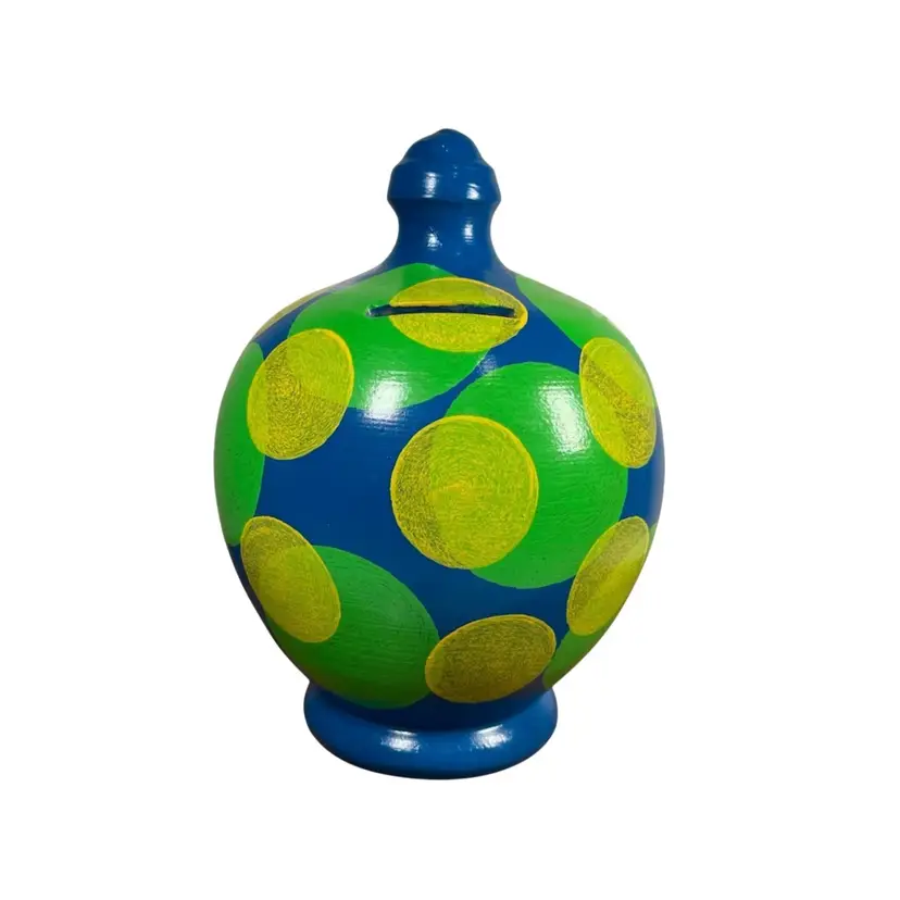 Handmade Studio Pottery Yellow & Green & Blue Spotted Polka Dot Retro Style Savings Bank 7.5"