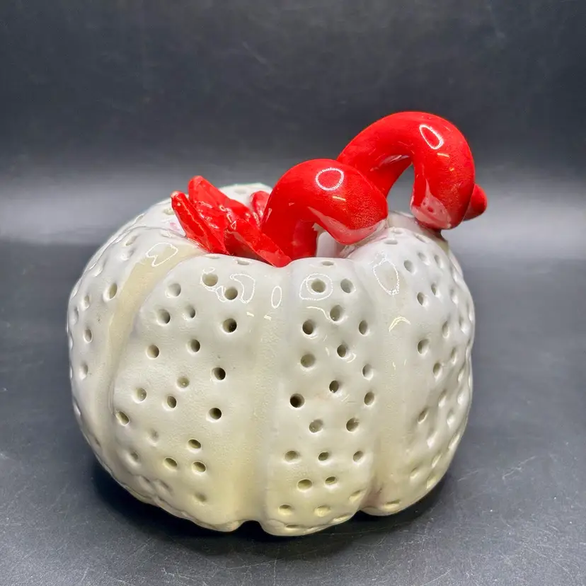 White & Red Handmade Pottery Pumpkin 3.5”*
