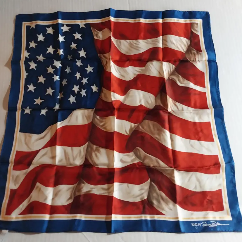 Orig. Version VTG-NEW, Collection 18, NIP, Irving Boker, 'USA' American Flag Silk Scarf-Printed in Korea, 20x20- SCARCE EARLY VERSION!