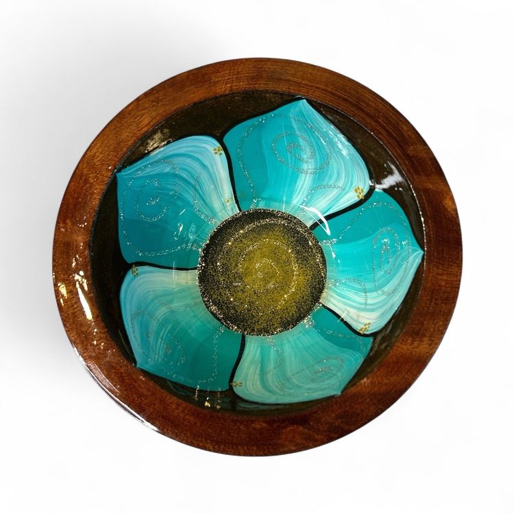 Vintage Hand Painted Wooden Bowl – Teal & Gold  Decorative Bowl