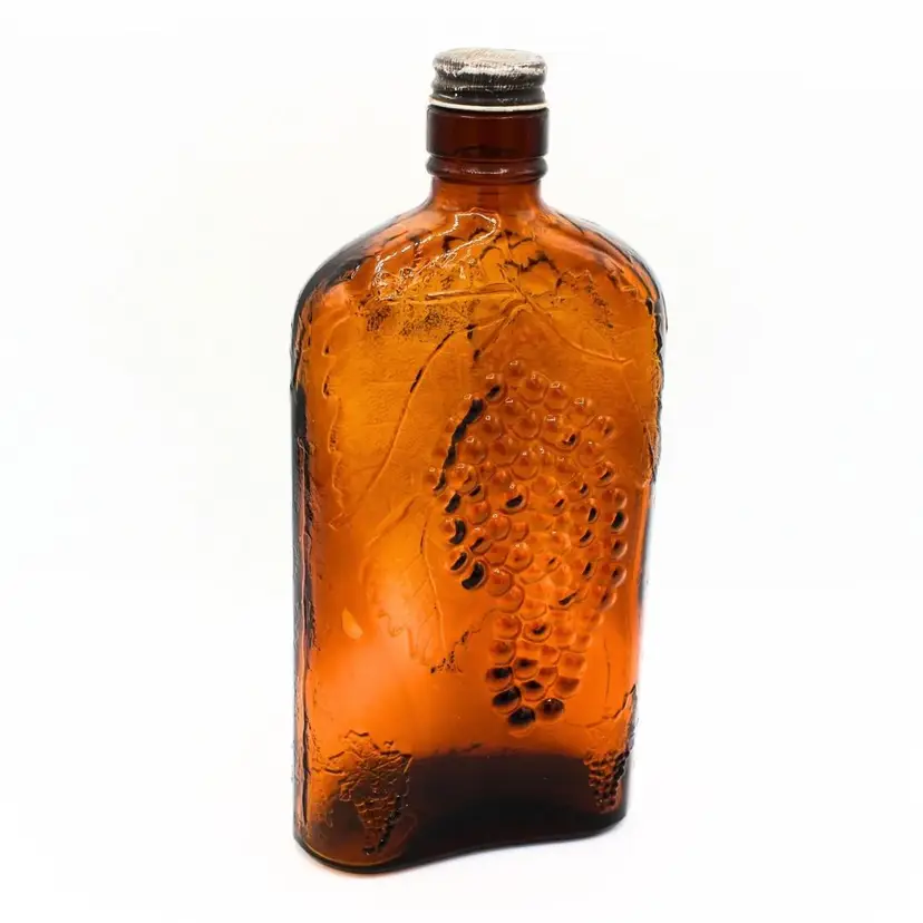 Antique One Pint Brown Wine Oval Glass Bottle Metal Cap Embossed Grape Design
