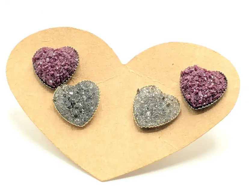 Heart-Shaped Druzy Earrings Set of Two Silver and Maroon Color