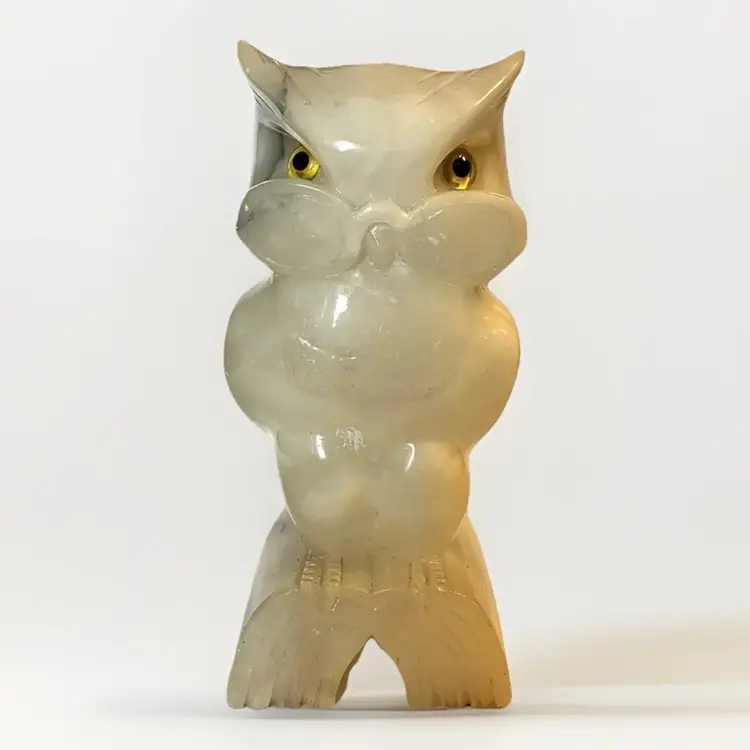 Vtg Hand Carved Onyx OWL Large Size w/ Spectacles Made in ITALY for Hess's Dept Store 8.5"H