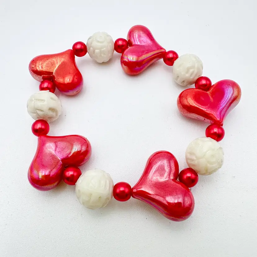Valentine's Day Red Hearts and Vintage White Beads Stretch Bracelet Handmade