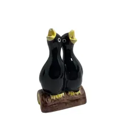 Pie Bird Double Black Crows On A Log. One Has A Chip On Beak.