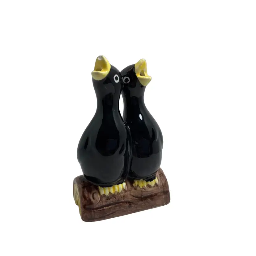 Pie Bird Double Black Crows On A Log. One Has A Chip On Beak.