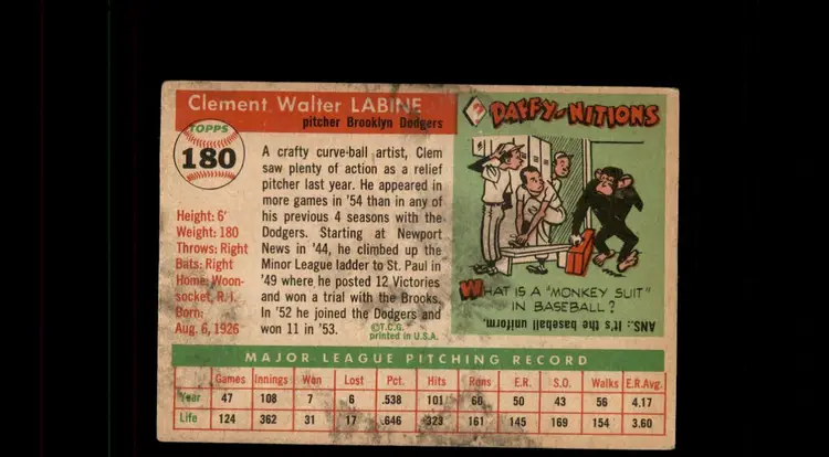 1955 Topps #180 Clem Labine - (pk-tl1) - Brooklyn Dodgers