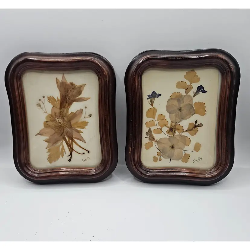 #01 - Pair of Vintage Dried Flower Art, Signed Sally, 5.5 tall x 5" wide Each, with Frames