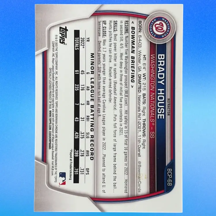 Brady House 203/499 - 2023 Bowman Chrome Prospect Refractor - BCP-68 - Washington Nationals