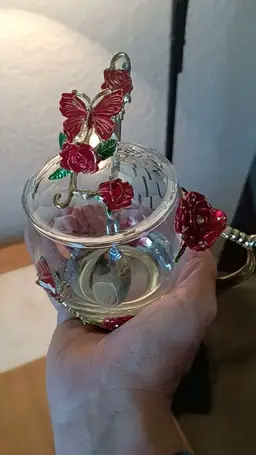 ARC 32cl Crystal Tea Cup Set Red Rose Butterfly Lid Spoon Rhinestone Gold Handle