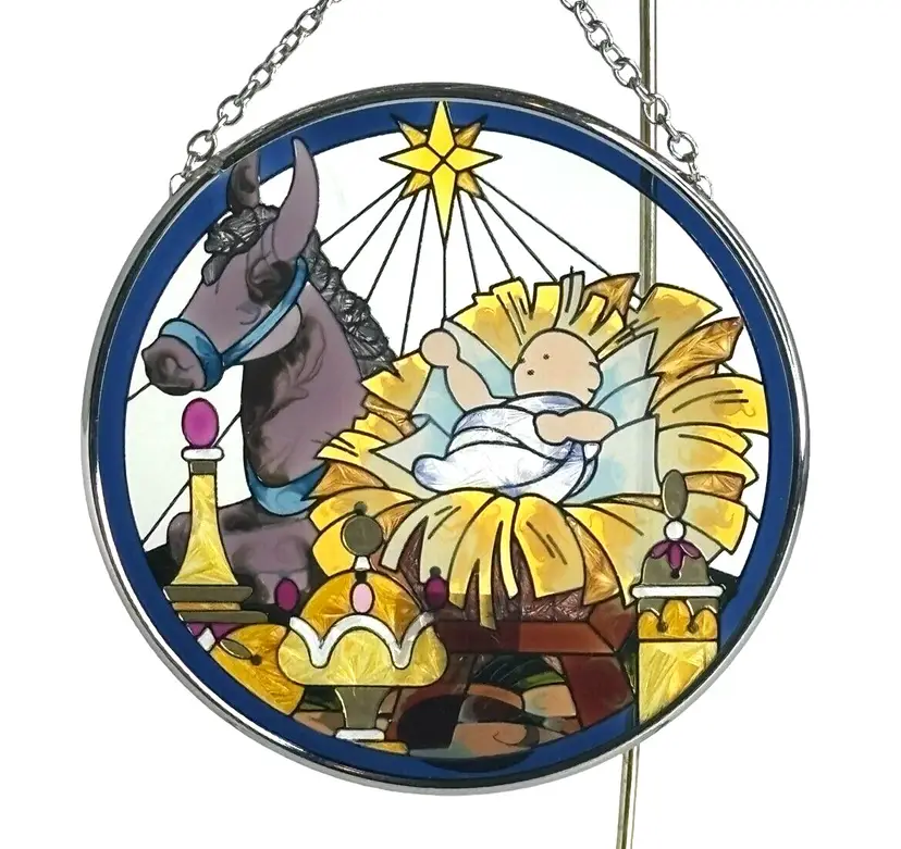 Joan Baker Nativity Scene Jesus Suncatcher Window Art Hand Painted Glass 1994