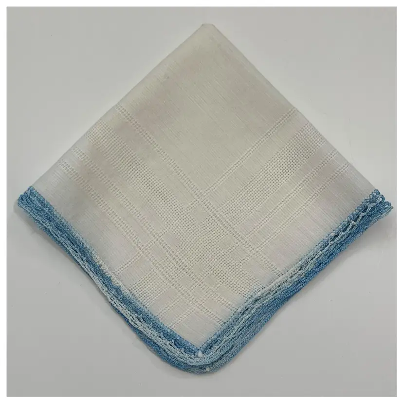 Drawnwork Handkerchief Blue Lace Edge Crochet Cottage Core Granny Vintage
