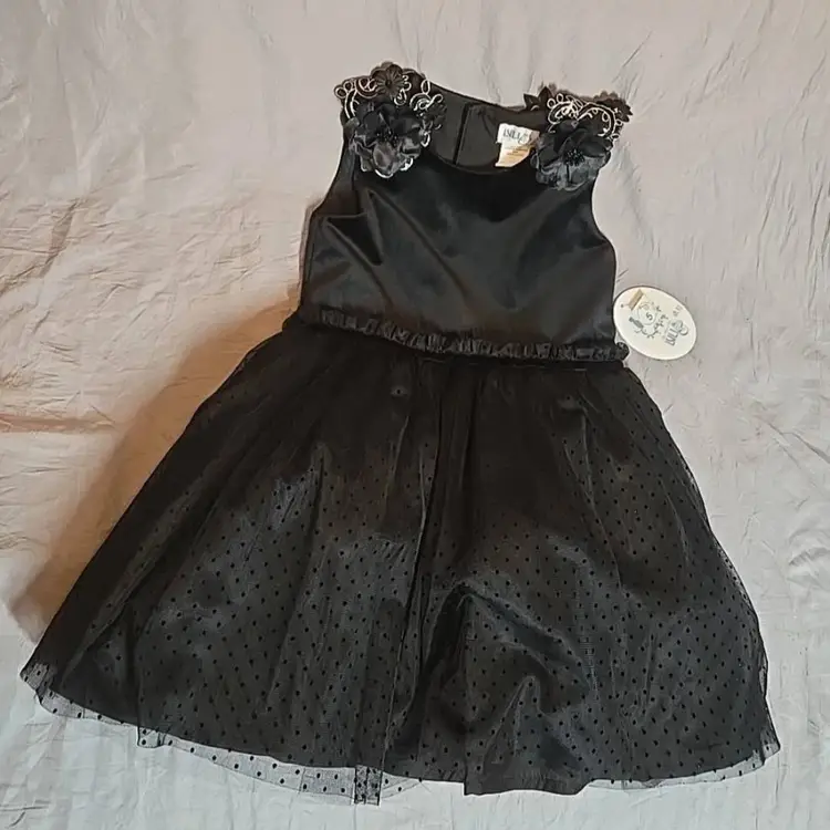 Luli & Me NWT Boutique Girls Dress Black Flowers Polka Dot w/petticoat Sz 5