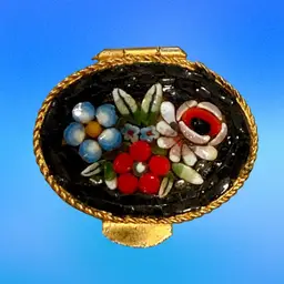 Vintage MCM Miniature 1.25” Micro Mosaic GoldTone Trinket Box