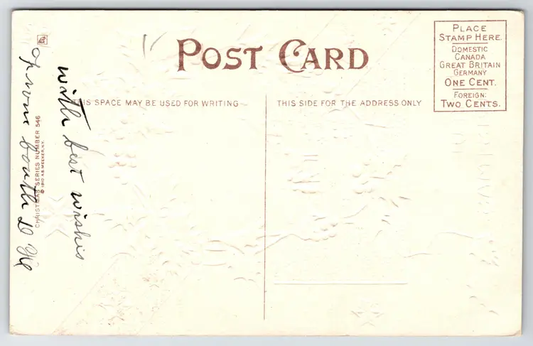 Postcard A Joyful Christmas Embossed Snowy Winter Scene Framed in Holly, Horse and Kids - 13464