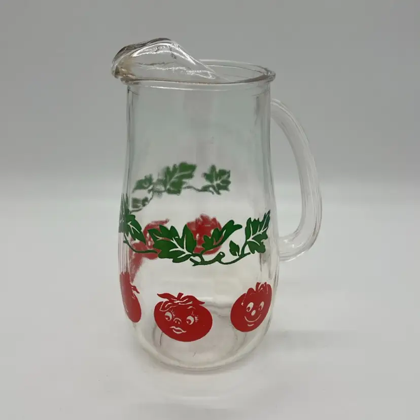 Anthropomorphic Happy Tomato Juice Cocktail Bloody Mary Pitcher Vintage Glass