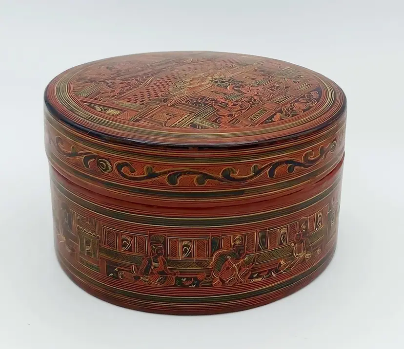 Myanmar Burmese Kun-it / Betel Box + Interior Tray Hand Painted In Traditional Colour & Design