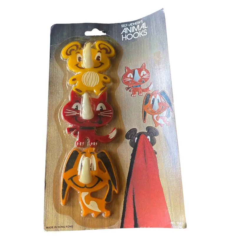 Vintage "Self Adhesive Animal Hooks" Set of 3 Animals - Cat, Dog, Bear