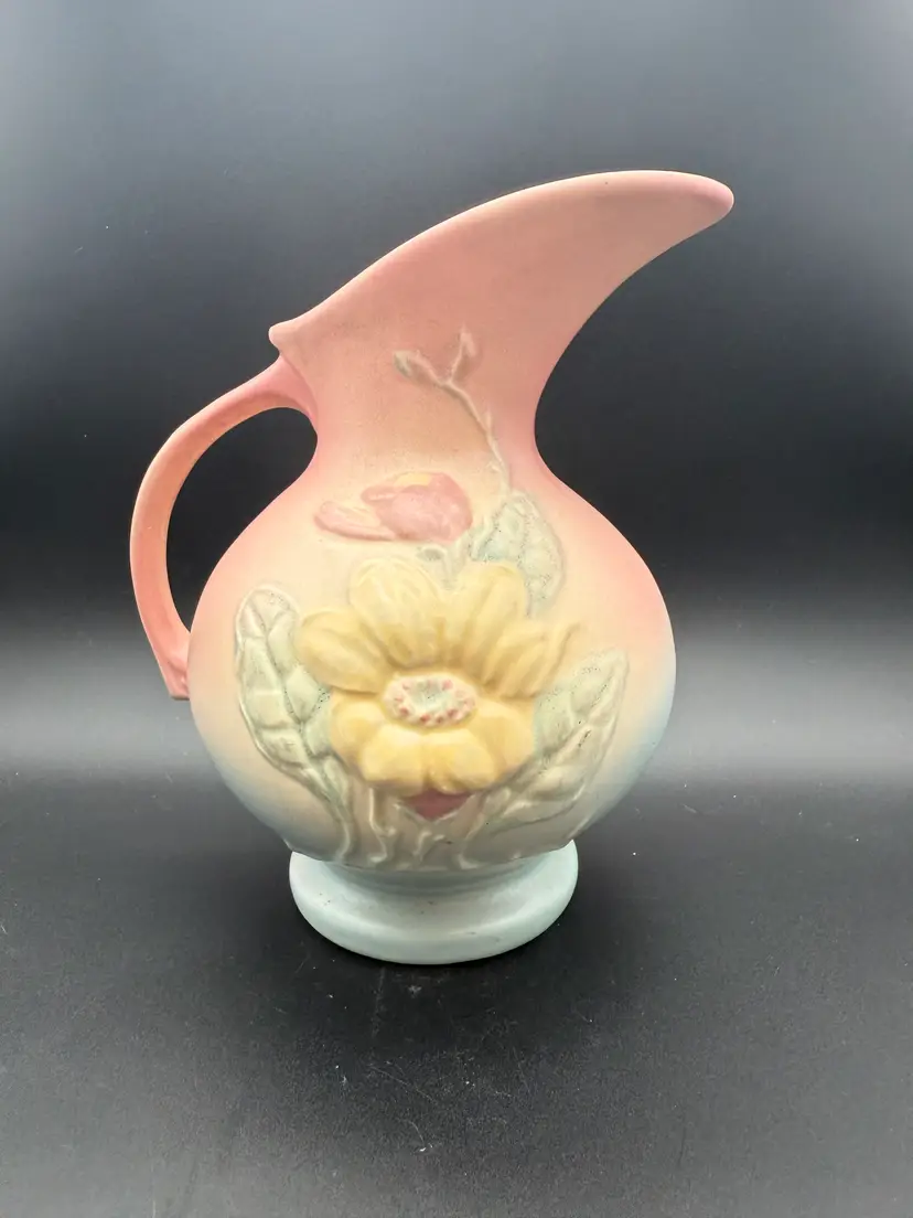 Vintage Hull Magnolia Pottery Pitcher Ewer Vase Pink Blue Yellow 7-1/2” Tall