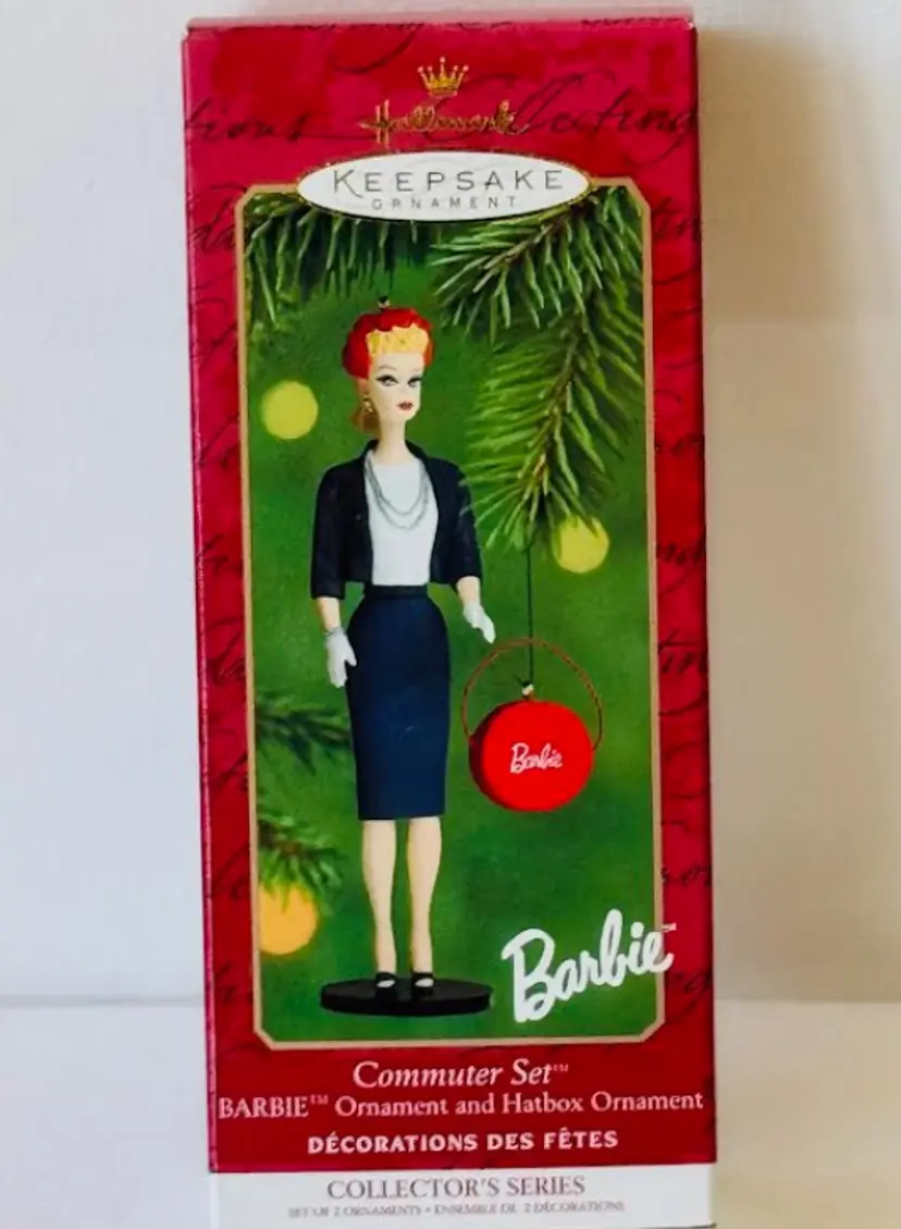 Vintage Commuter Set Barbie Ornament Hatbox Hallmark Keepsake Collection 2000