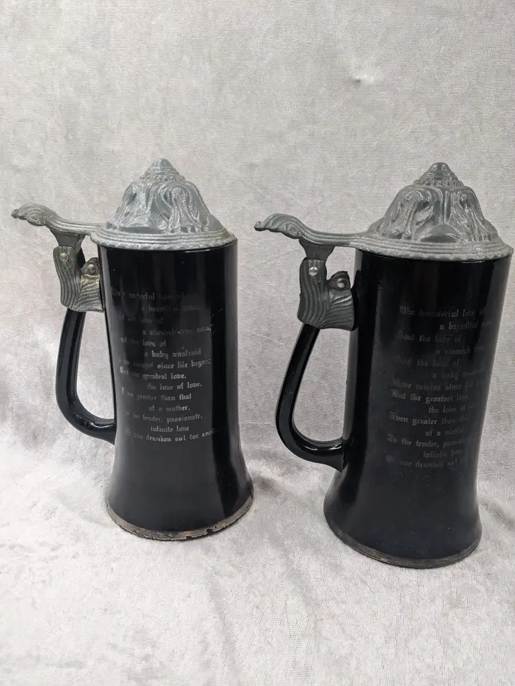VIP Black Glass Stein Beer Set Of 2 Mug Metal Lid  Love of Maiden Poem Castlecore Hobbitcore Gothic 80s 70s a Barware Ale Tankard B