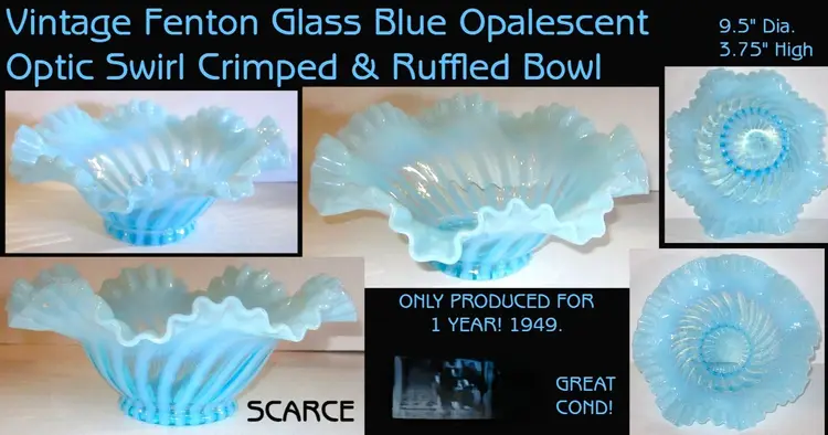 Fenton Aqua Blue Opalescent Swirl Crimped & Ruffled Bowl