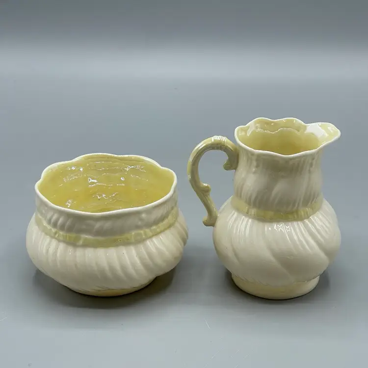 Vintage Belleek Ireland Ribbon Creamer Sugar Yellow Bow 6th Mark 1965-1980