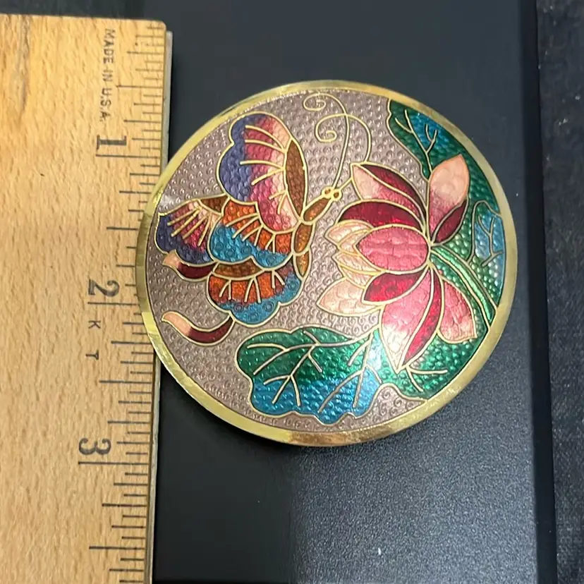 Cloisonné Butterfly Floral Belt Buckle Signed SG