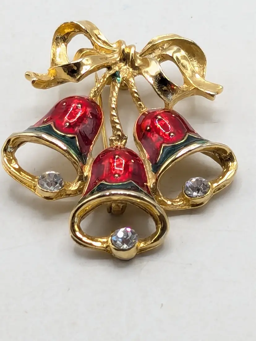 Christmas Bell Brooch Red Green Enameling Rhinestones Gold Tone