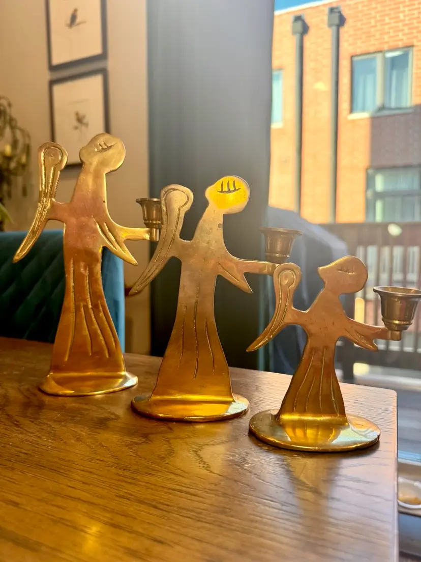 8”, 6.5” & 4” tall vintage brass angel candle holders, mid-century design