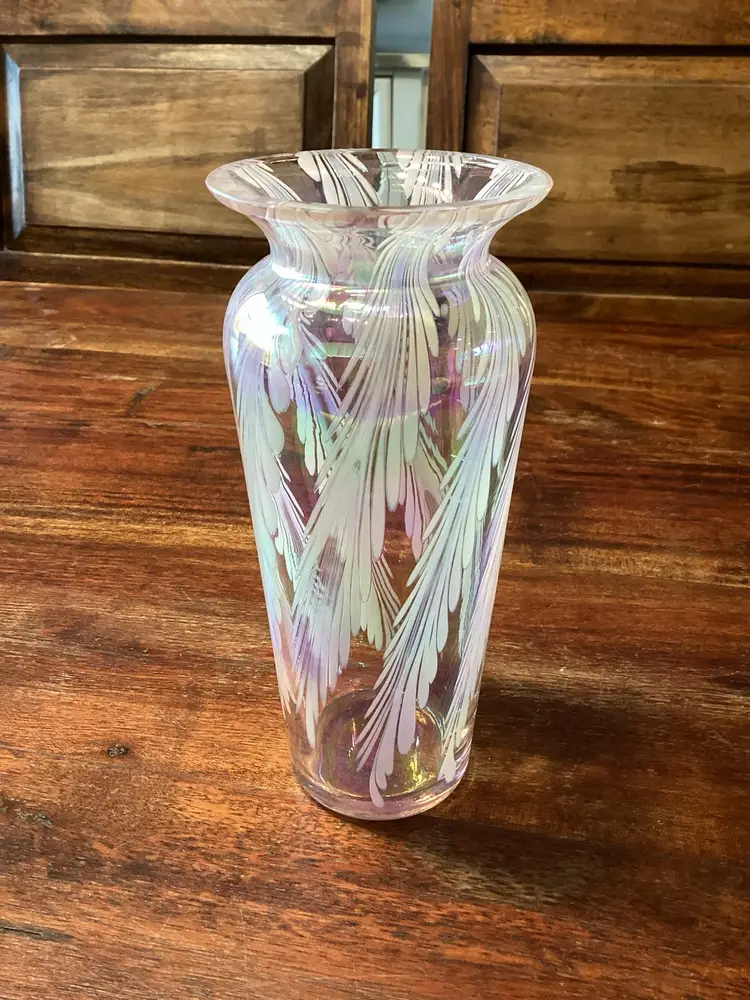 3173- Iridescent Pulled Feather Art Glass Vase, 7”,-READ