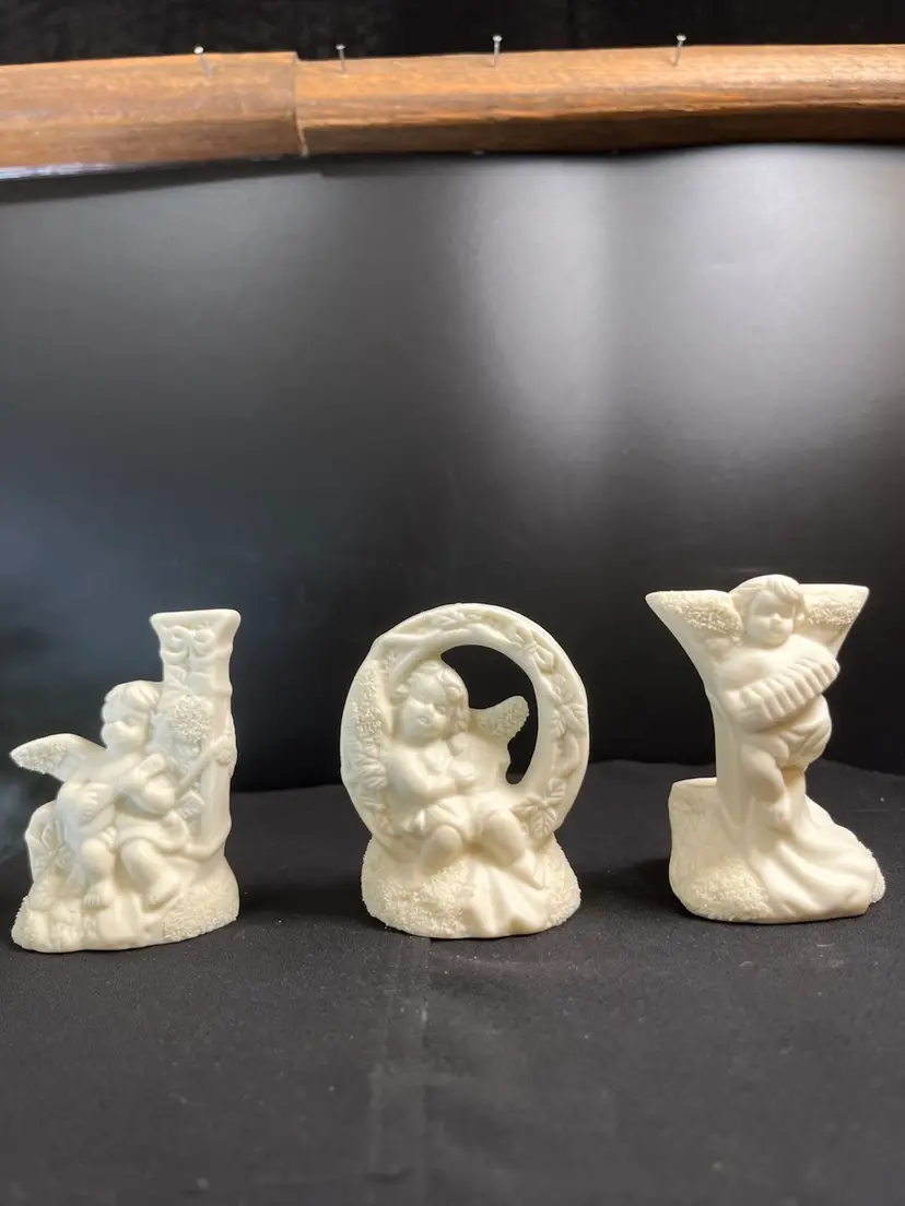 Jade Collection-JOY Candle Holder Set-Bisque Like, Some Frit, Each Letter has a Cherub w/ a Different Musical Instrument