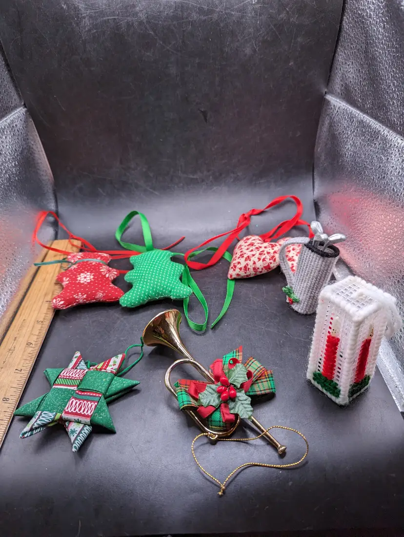 Vintage Lot of 5 Hand Crafted Ornaments Two Canvas Needlepoint, Puffy Bears and Hearts and Decorated Horn