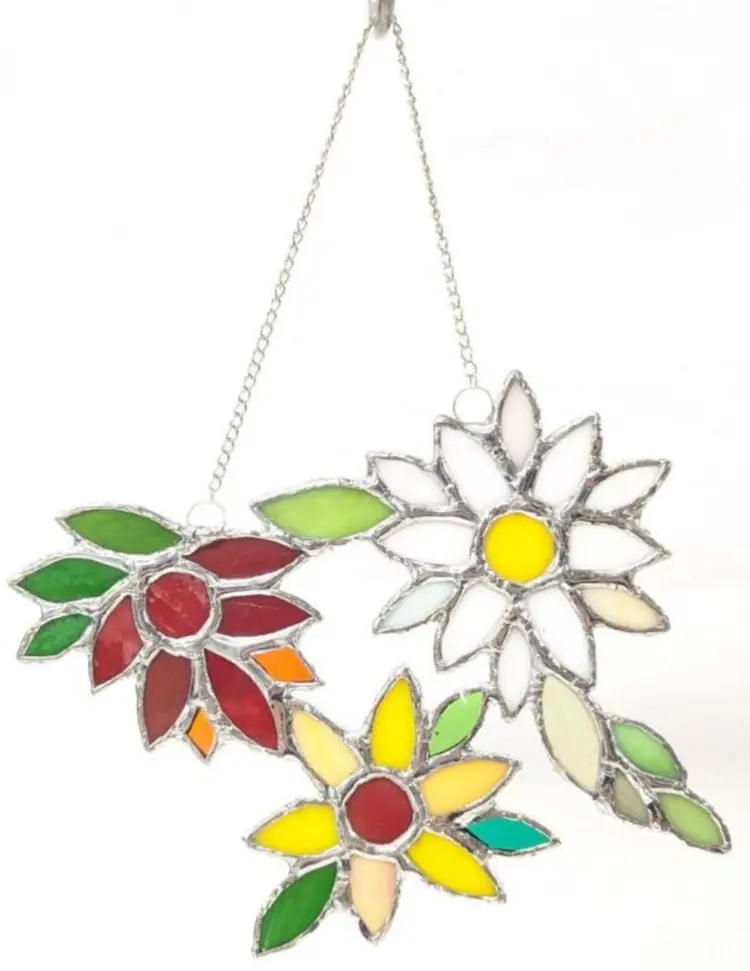 Handmade Stained Glass Flower Trio, 6.5" × 4.75" Long (Excluding Chain), No Damage