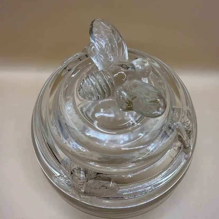 Clear Glass Embossed Bee Jar Honey Dish 4”