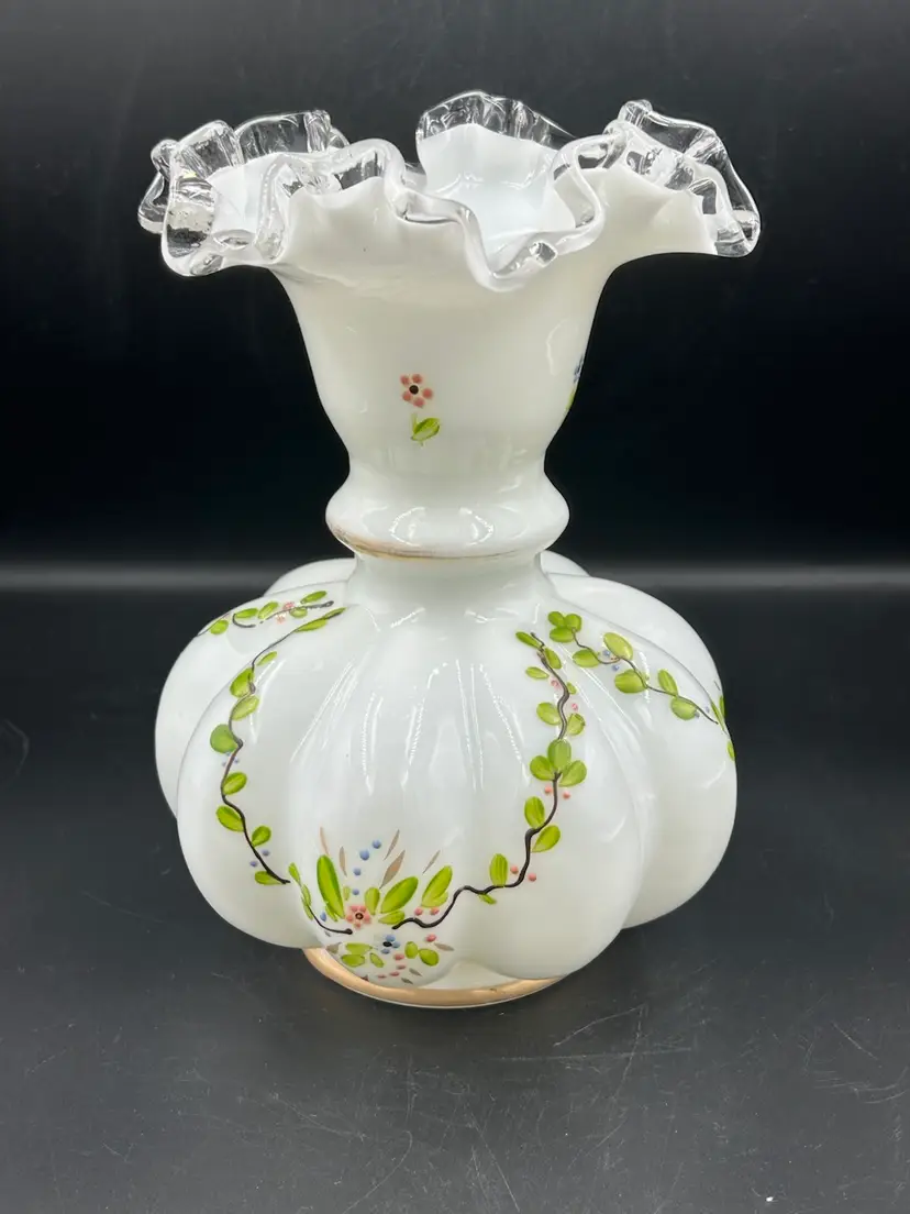Vintage Fenton Silver Crest Hand Painted Ruffled Edge Melon Vase
