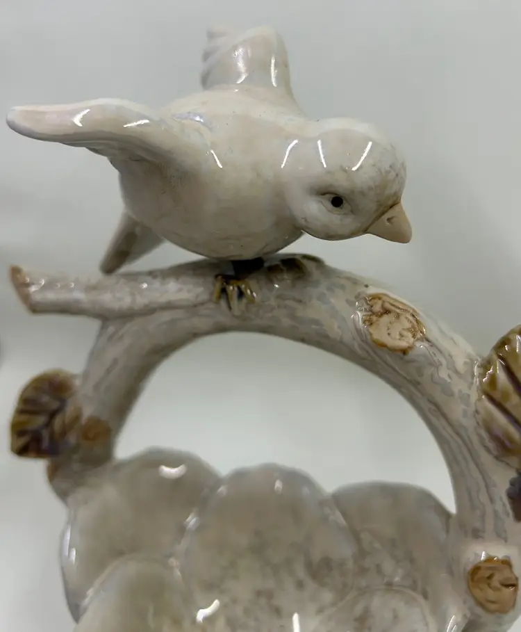 Pottery Basket With Bird On Handle Gray Brown Free Shipping