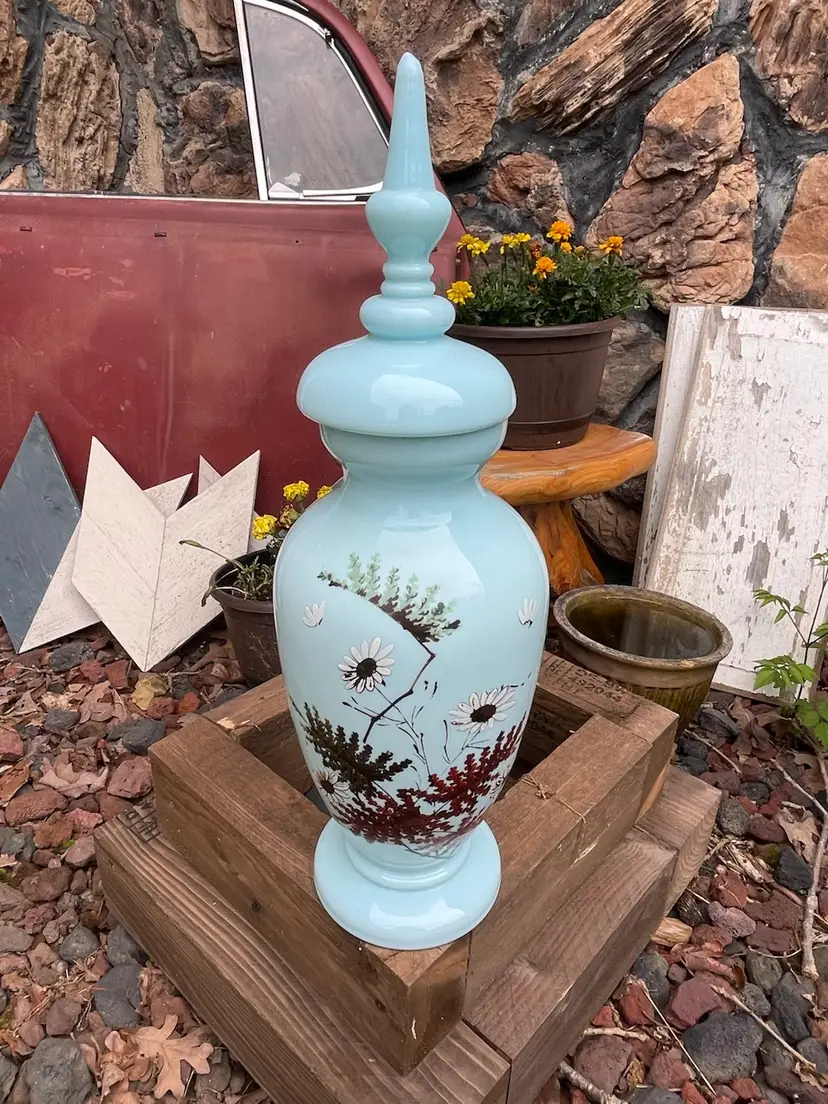 Victorian Bristol Hand Painted Lidded Vase (Jar Or Urn)