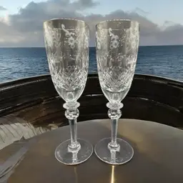 Gallia By Rogaska (2) Set Floral Design Flutes Blown Cut And Polished Glass 8-1/4"