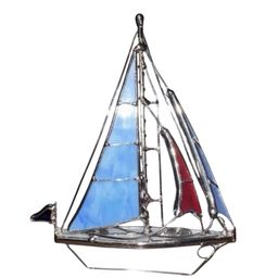 Stained Glass 3D Sailboat Sculpture Sun Catcher Self Standing Nautical