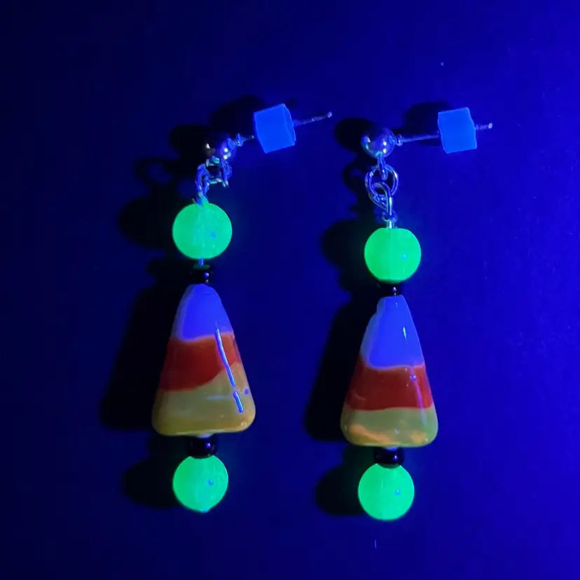 Handmade By Me- Halloween Candy Corn Glass Bead Dangle Post Earrings With UV Glow Beads, Nickel Free
