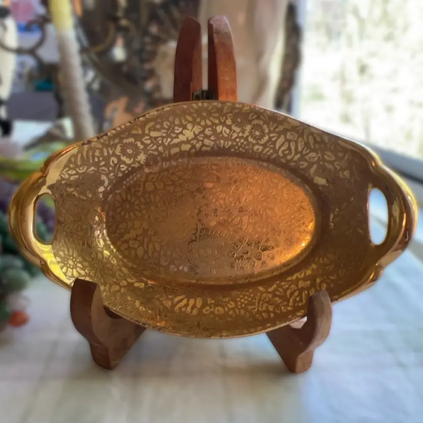 Vintage Bavaria Trinket Dish Signed Gold Painted Porcelain