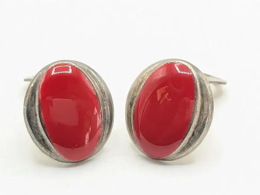 Vintage Red Oval Clip-On Earrings Silver Tone