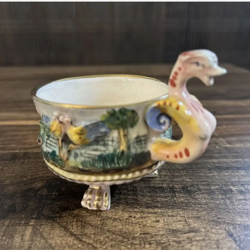 Vintage CAPODIMONTE tea cup and saucer Birds & snake nude handle Italy 3121