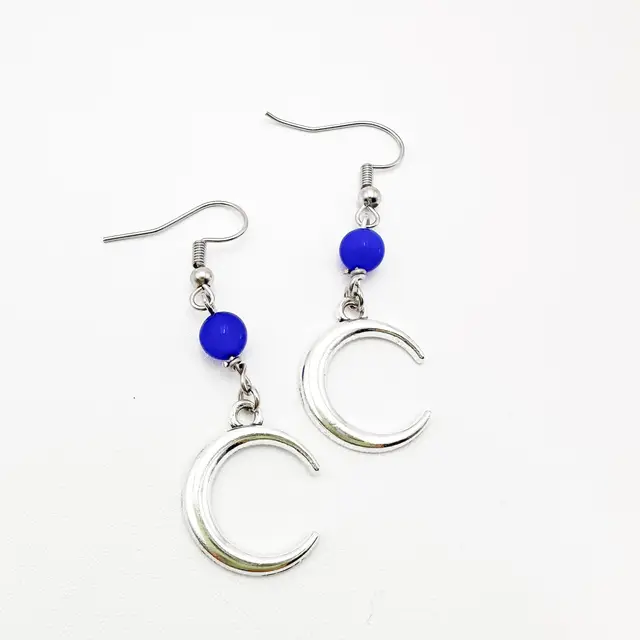 Moon Celestial Earrings Blue Bead Accent Silver Tone Handmade