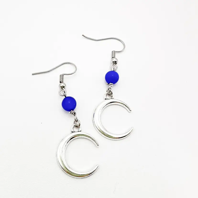Moon Earrings Blue Bead Accent Silver Tone Handmade