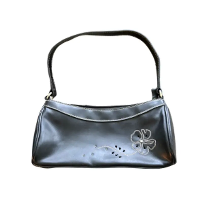 Black Villager Small Leather Handbag with Floral Stitching