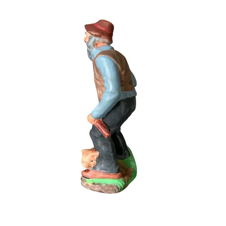 Hand Painted Old Farmer Man and Pig Ceramic Figurine