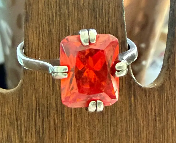 Sterling Silver Reddish Orange Glass Stone Ring Size 6.5